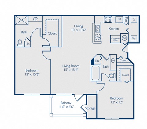 Floor plan for 2 beds, 2 baths, 1159 sqft